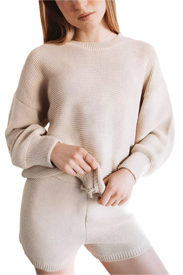 Onzie Cozy Knit Cuffed Sleeves Sweater For Women’s - Cuban Sand - Front View