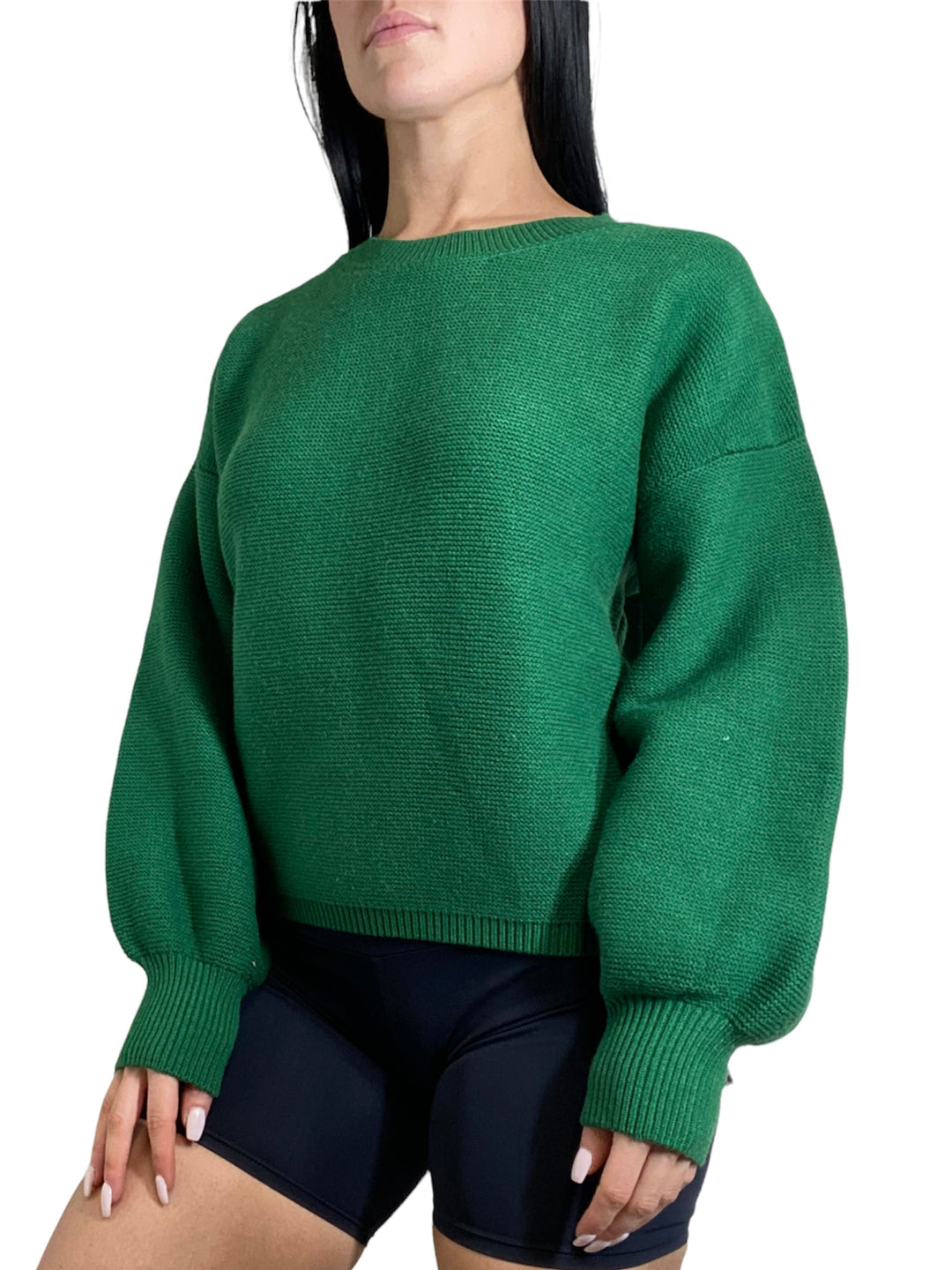 Onzie Cozy Knit Cuffed Sleeves Sweater For Women’s - Kelly Green - Front View