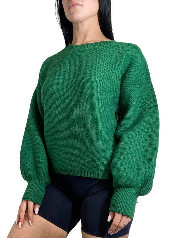 Onzie Cozy Knit Cuffed Sleeves Sweater For Women’s - Kelly Green - Front View