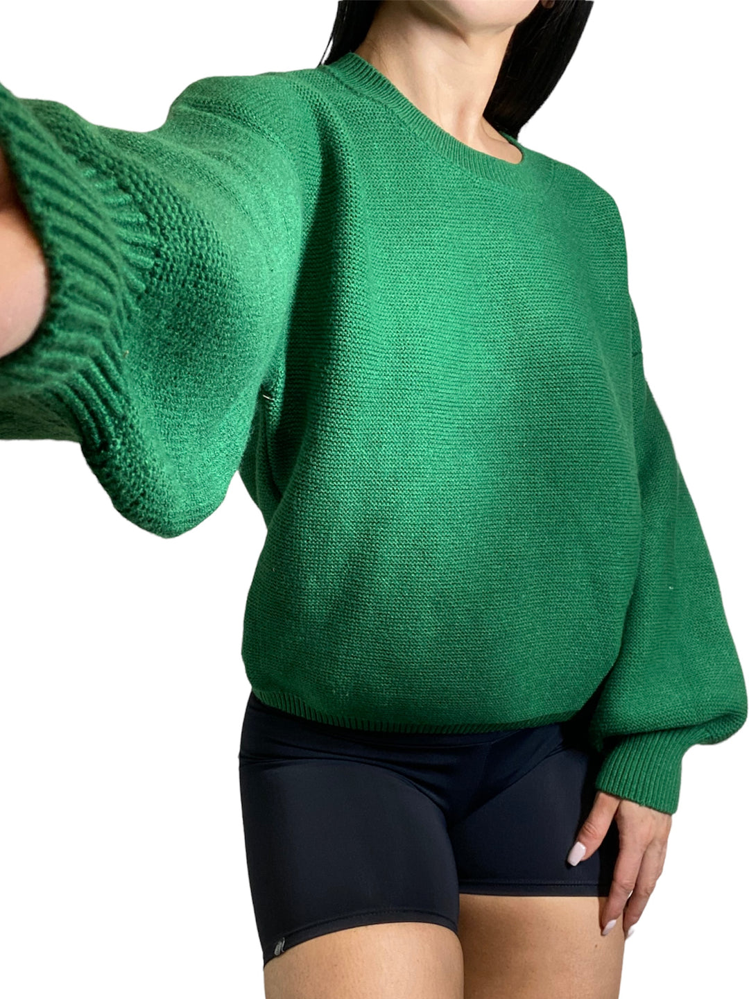 Onzie Cozy Knit Cuffed Sleeves Sweater For Women’s - Kelly Green - Front Rear View