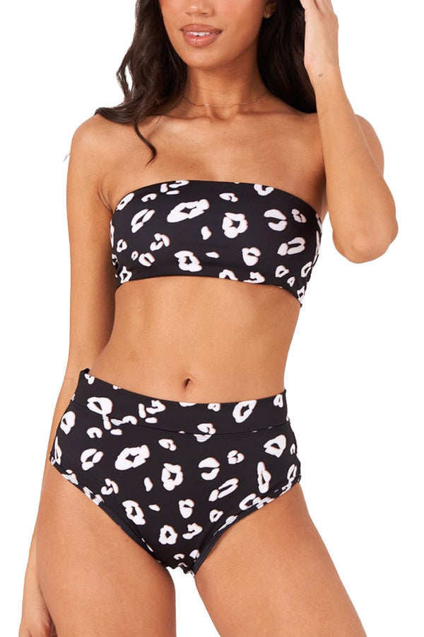 Onzie Yoga Tie Back Bandeau Swim Top 6000 - Black And White Leopard - Front View