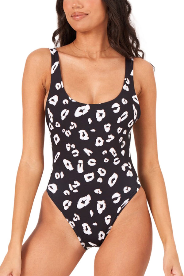 Onzie Flow High Leg One Piece Swimsuit - Black White Leopard