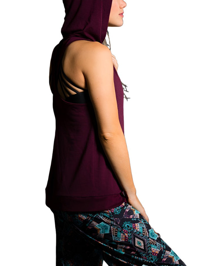 Onzie Hot Yoga Wear X Back Hoodie 606 - Burgundy - side view