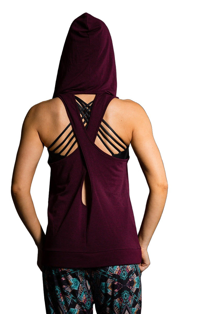 Onzie Hot Yoga Wear X Back Hoodie 606 - Burgundy - rear alt view