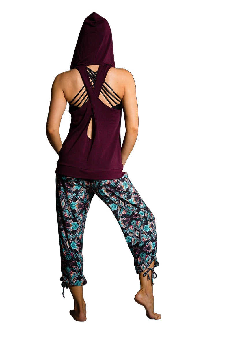 Onzie Hot Yoga Wear X Back Hoodie 606 - Burgundy - rear view