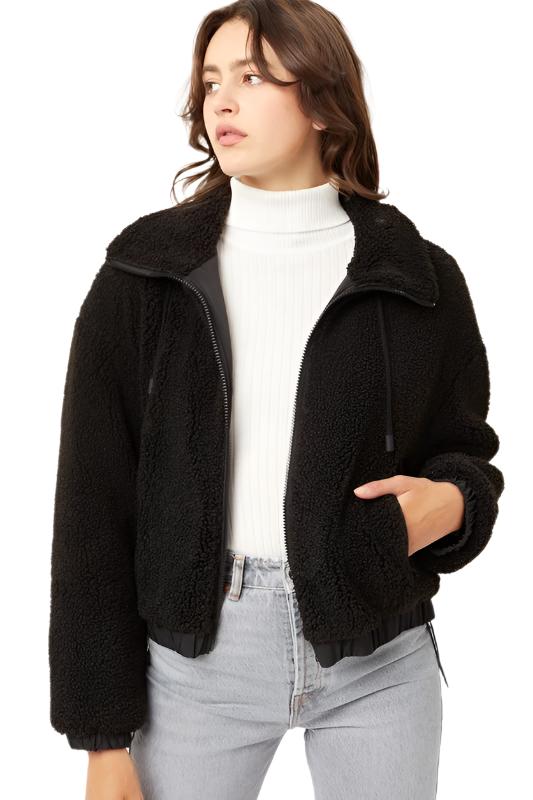 Love Tree Teddy Fleece Zip-Up Sweater - Black - Front View