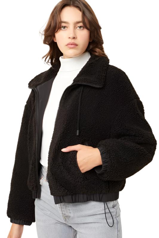 Love Tree Teddy Fleece Zip-Up Sweater - Black - Front View