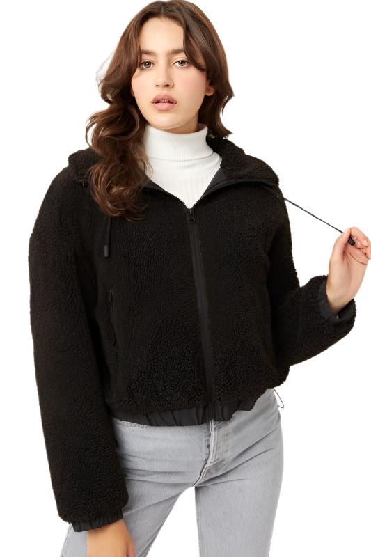 Love Tree Teddy Fleece Zip-Up Sweater - Black - Front View