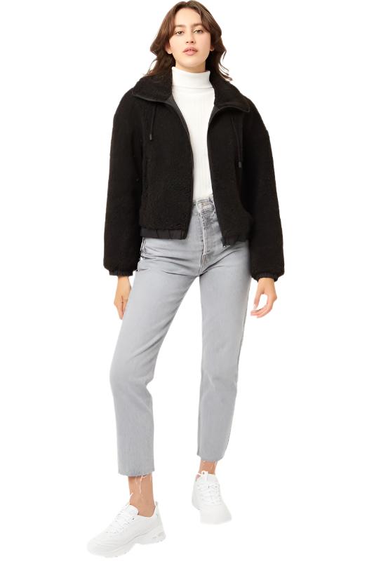 Love Tree Teddy Fleece Zip-Up Sweater - Black - Front Full View