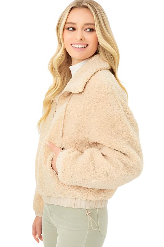 Love Tree Teddy Fleece Zip-Up Sweater - Caramel - Side View