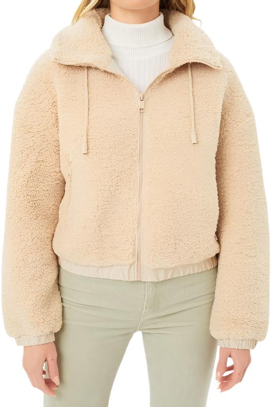 Love Tree Teddy Fleece Zip-Up Sweater - Caramel - Front View