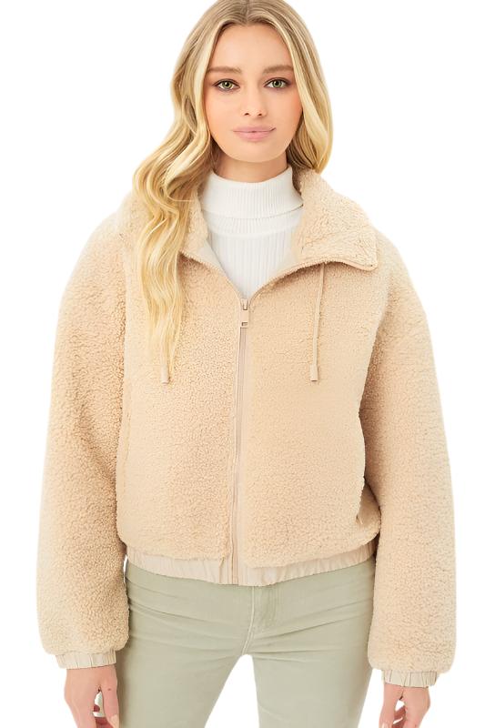 Love Tree Teddy Fleece Zip-Up Sweater - Caramel - Front View