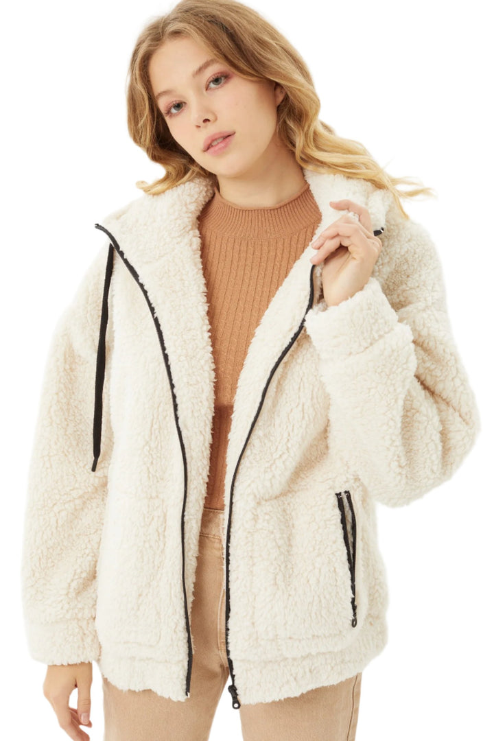 Love Tree Sherpa Brushed Zip-Up Hoodie - Natural - Front View