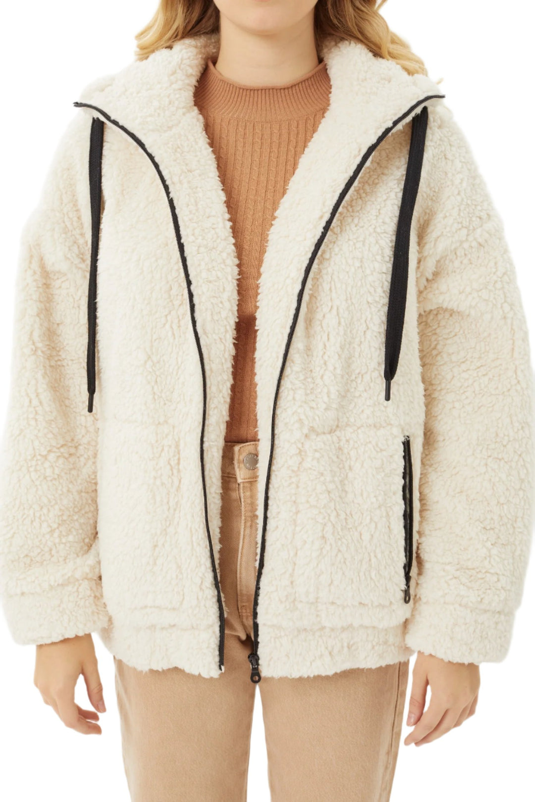 Love Tree Sherpa Brushed Zip-Up Hoodie - Natural - Front View