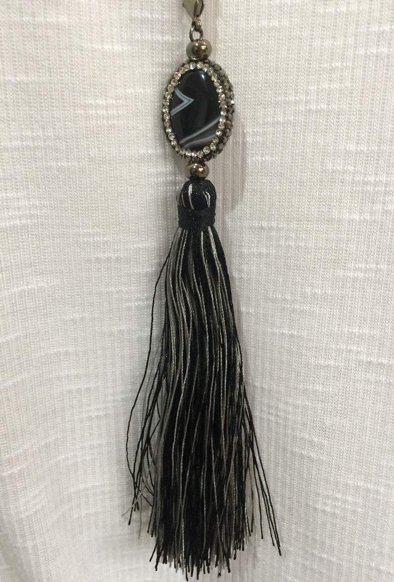 Agate and Crystal Long Tassel Necklace  - Black