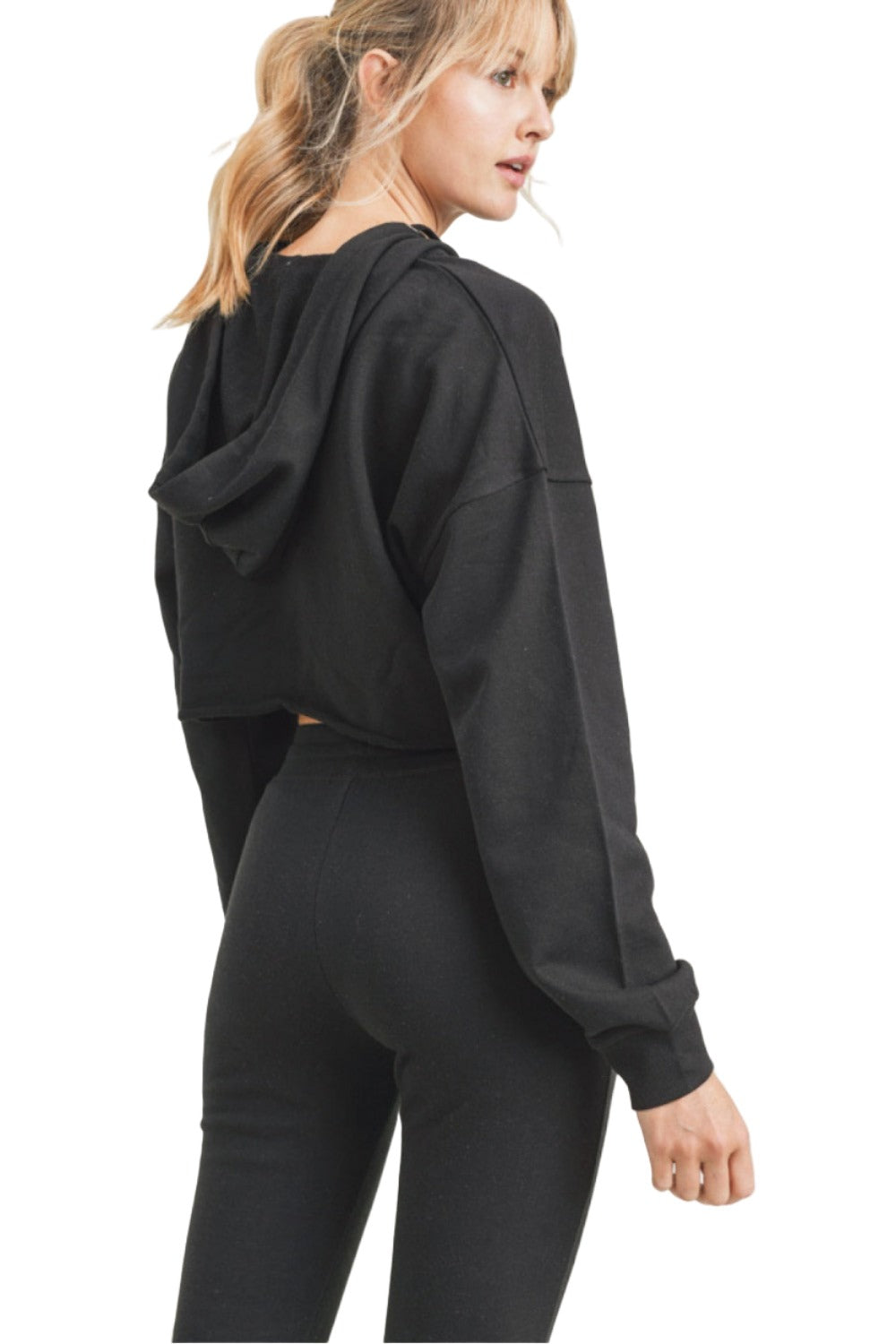 Mono B French Terry Cropped Zip Up Hoodie 9755 - Black - Back Side View