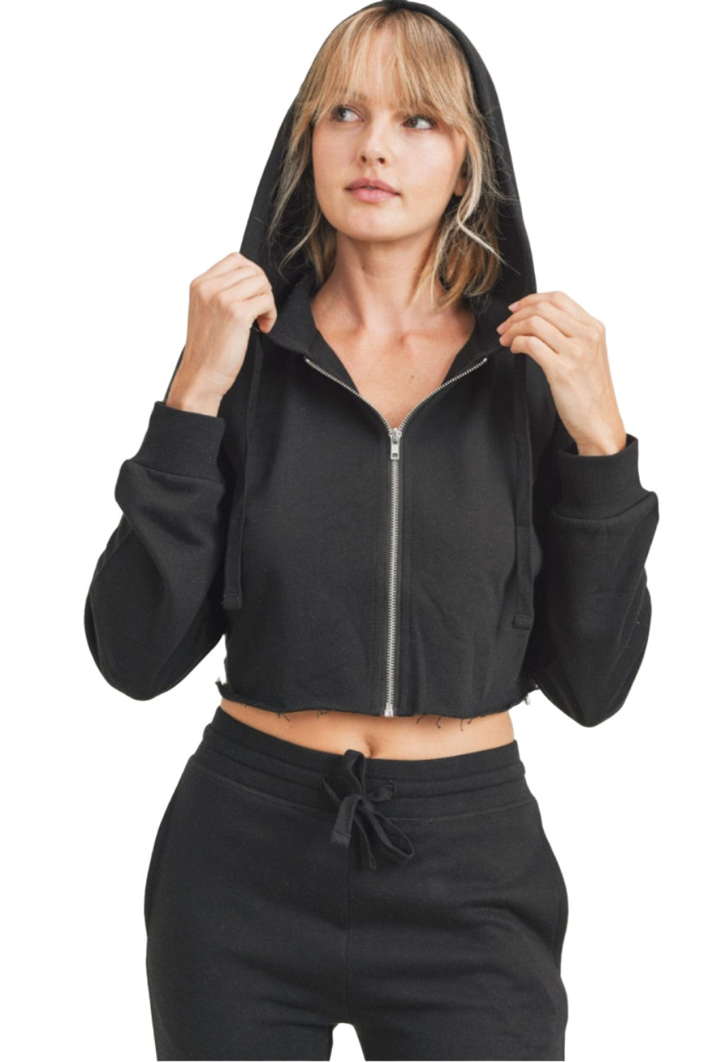 Mono B French Terry Cropped Zip Up Hoodie 9755 - Black - Front View