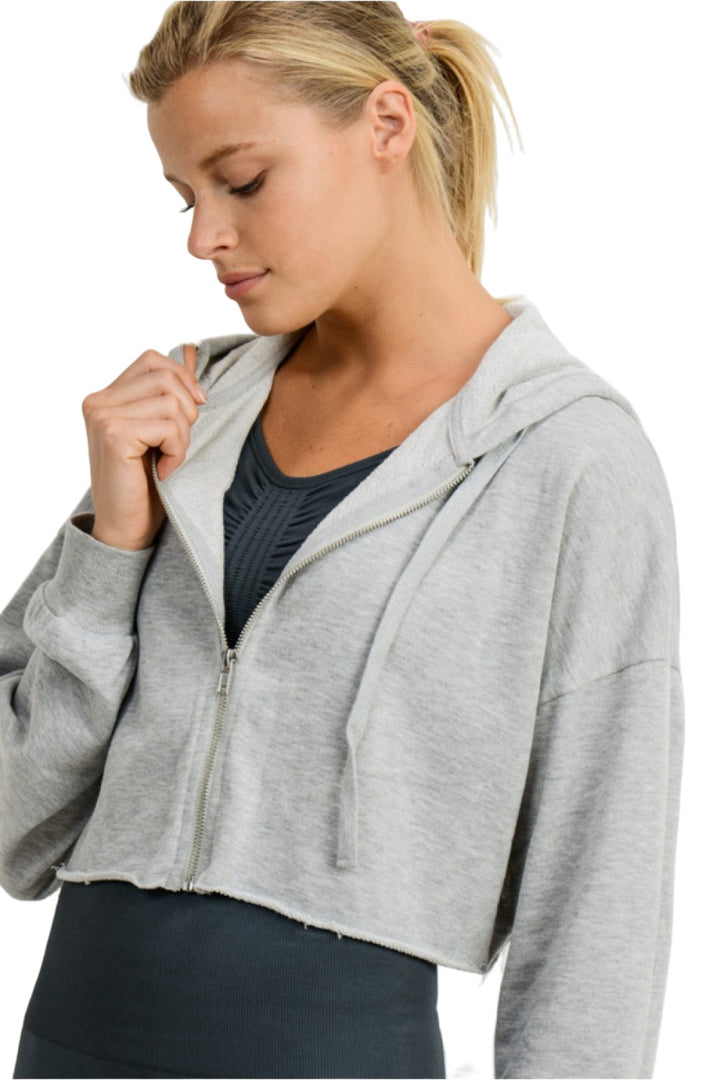 Mono B French Terry Cropped Zip Up Hoodie 9755 - Heather Grey - Side View