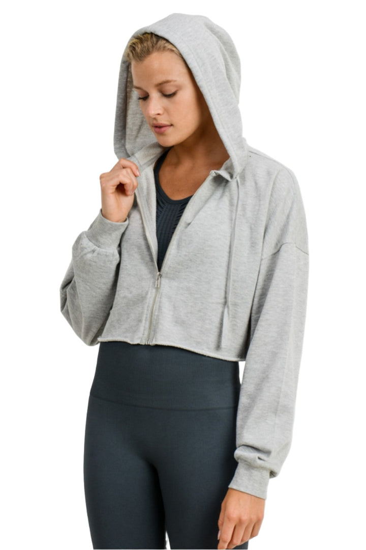 Mono B French Terry Cropped Zip Up Hoodie 9755 - Heather Grey - Front View