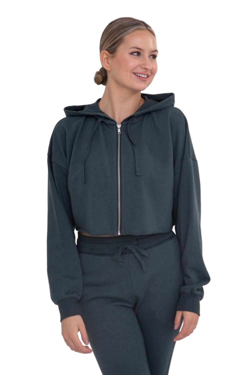 Mono B French Terry Cropped Zip Up Hoodie 9755 - Jungle Green - Front View