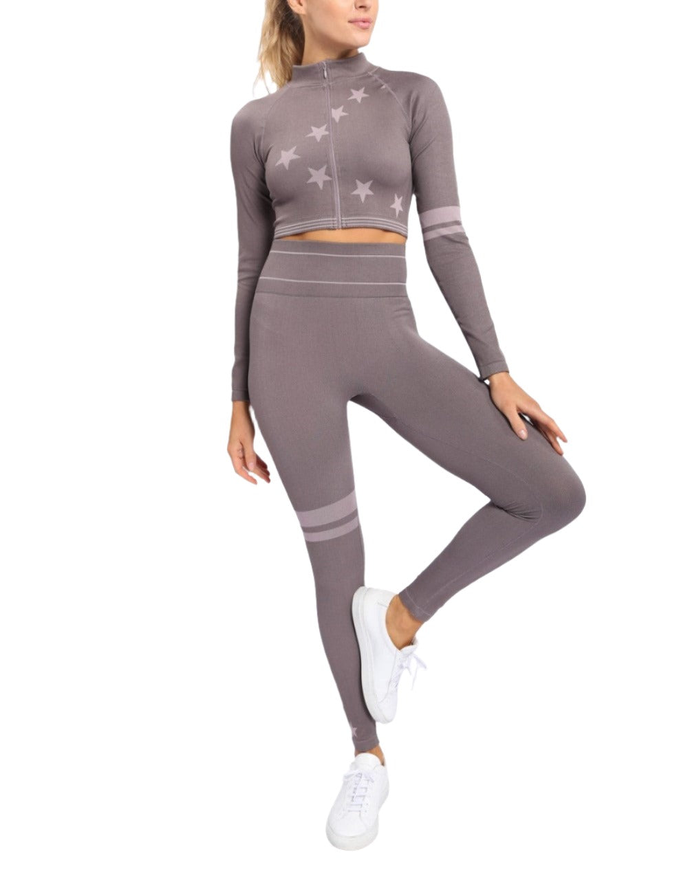 Mono B Stars and Stripes Cropped Zip Up Jacket AJ-A0991 - Charcoal - Front Full View