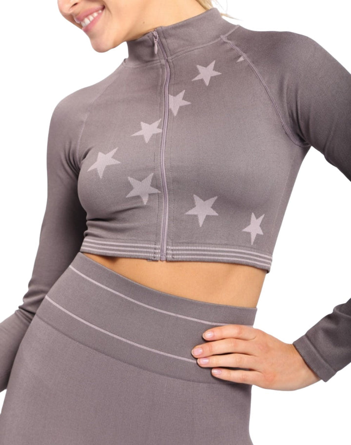 Mono B Stars and Stripes Cropped Zip Up Jacket AJ-A0991 - Charcoal - Front Rear View