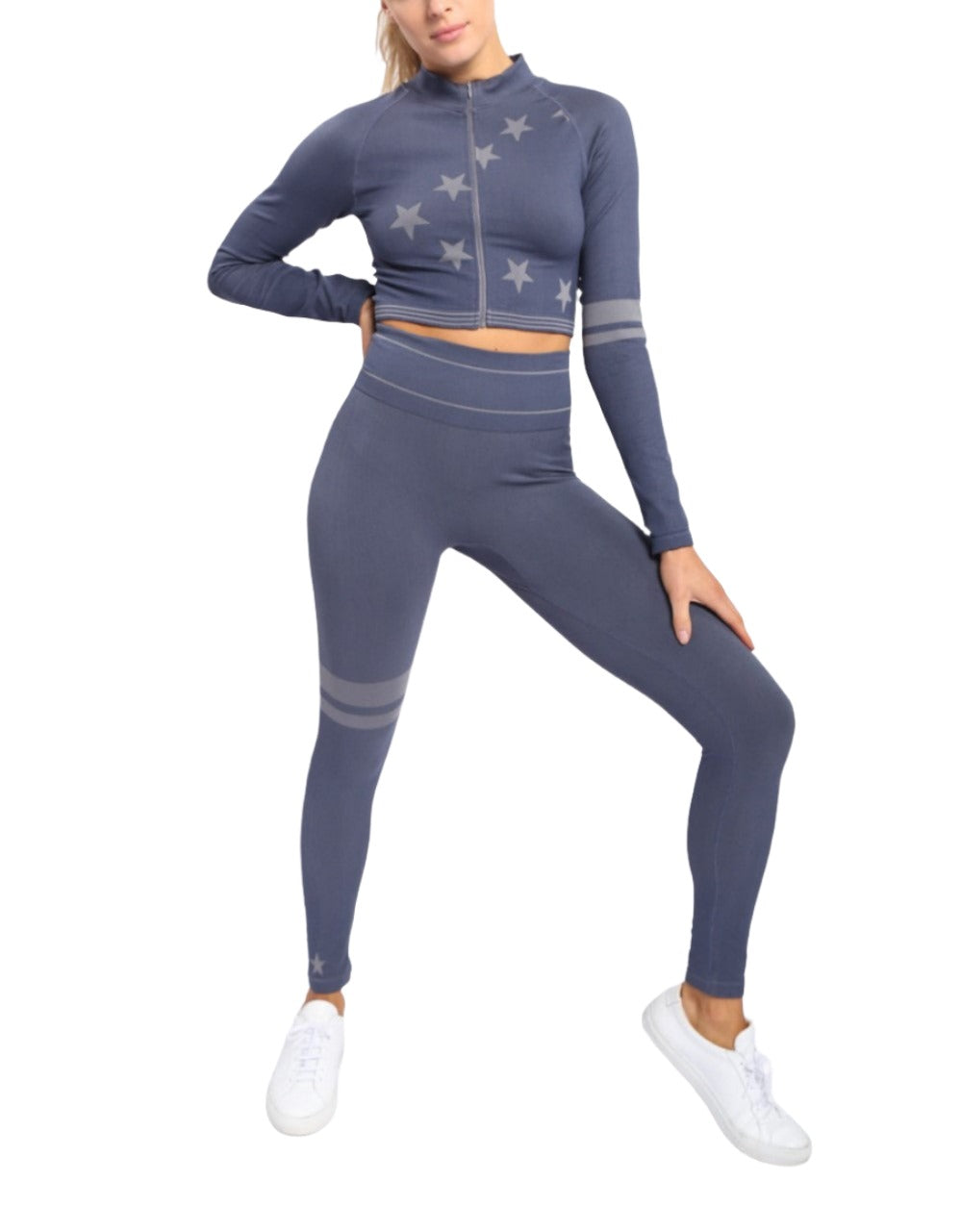 Mono B Stars and Stripes Cropped Zip Up Jacket AJ-A0991 - Navy - Front Full View