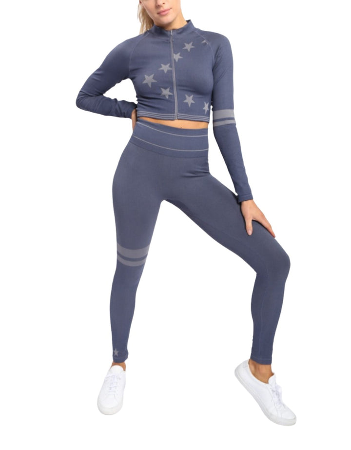 Mono B Stars and Stripes Cropped Zip Up Jacket AJ-A0991 - Navy - Front Full View