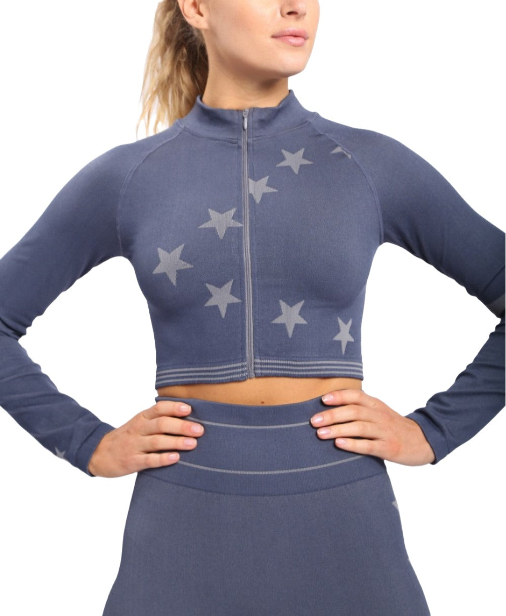 Mono B Stars and Stripes Cropped Zip Up Jacket AJ-A0991 - Navy - Front View
