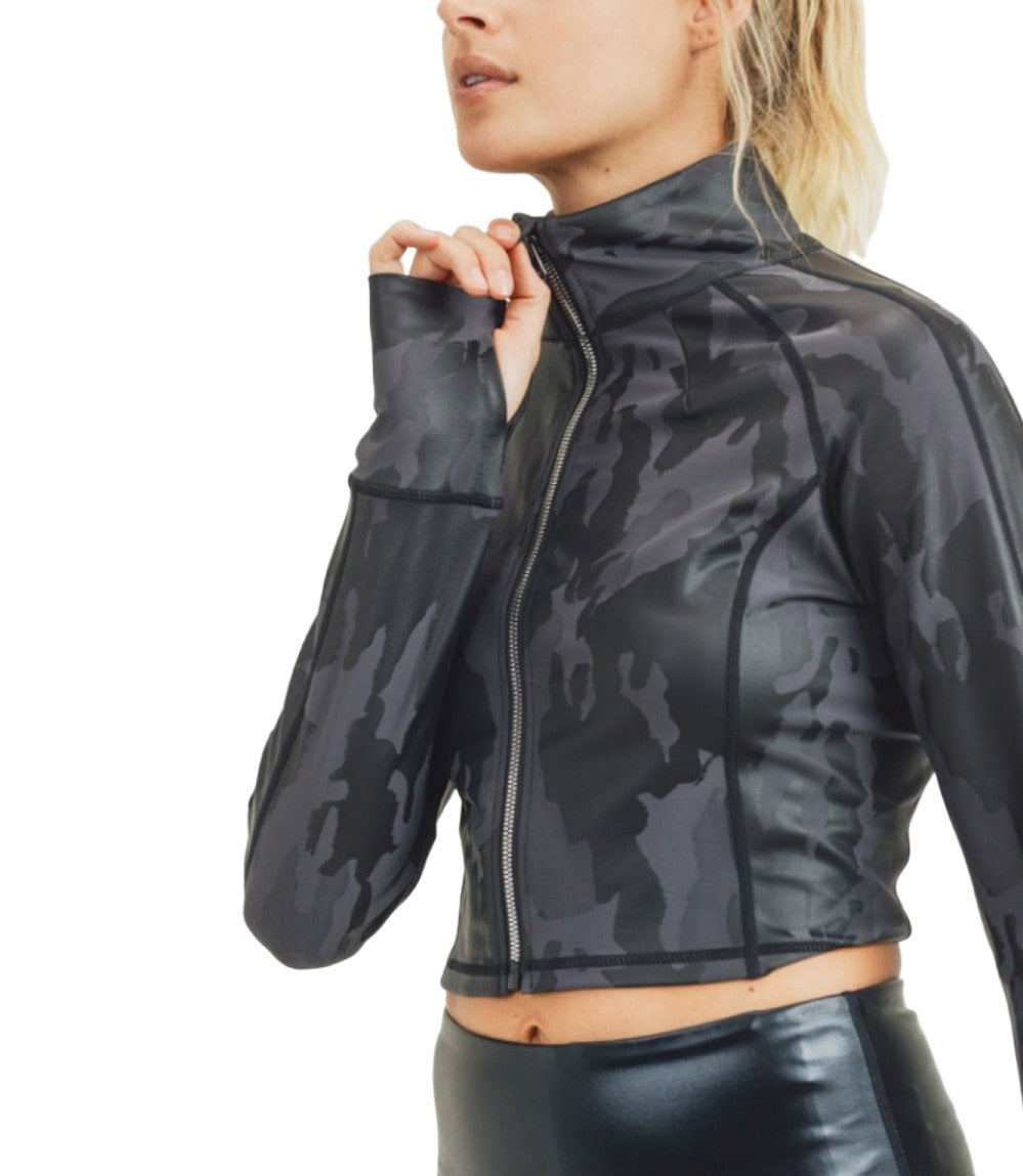 Mono B Camo Foil Cropped Raglan Jacket AJ2913 - close view