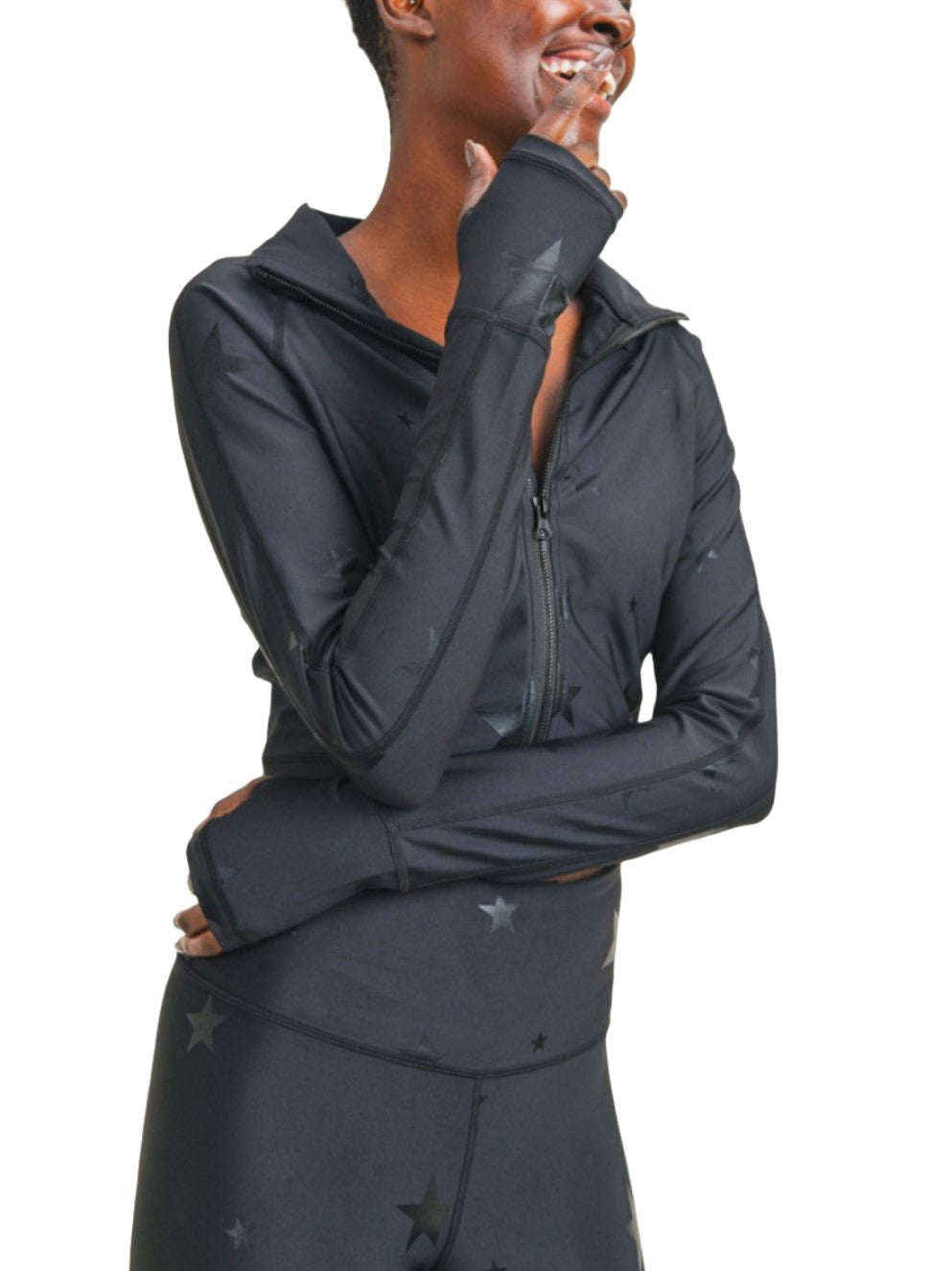 Mono B Star Print Foil Crop Jacket AJ2914 - Black - front view