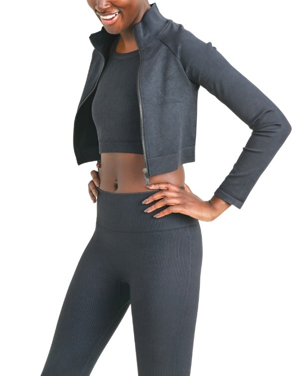 Mono B Cropped Raglan Ribbed Jacket AJ3032 - Black - Side View
