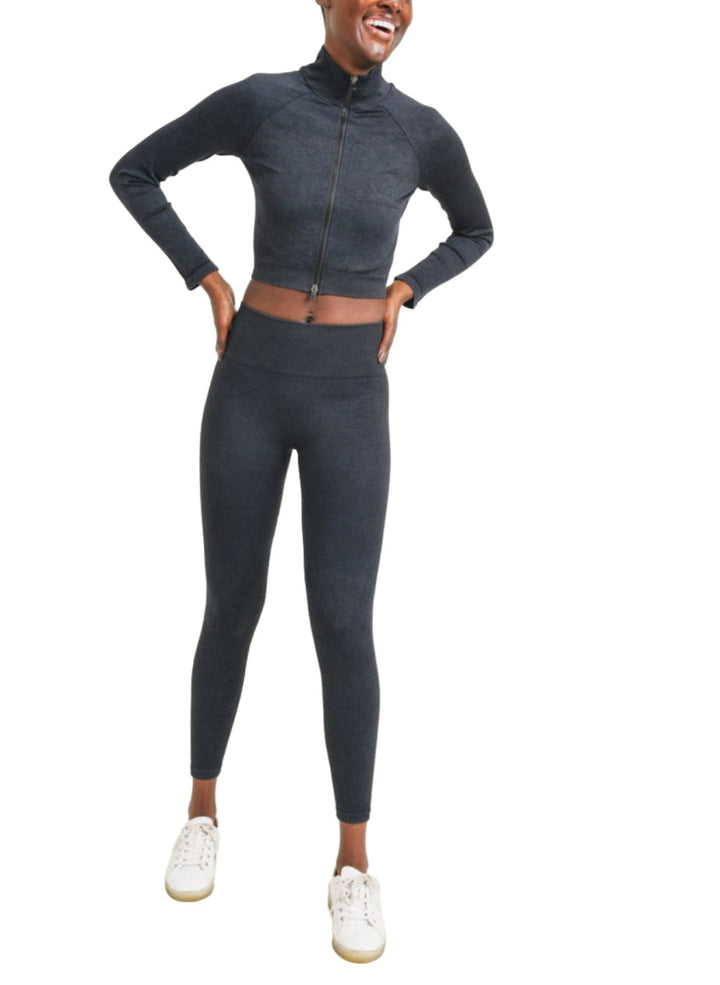 Mono B Cropped Raglan Ribbed Jacket AJ3032 - Black - Front Full View