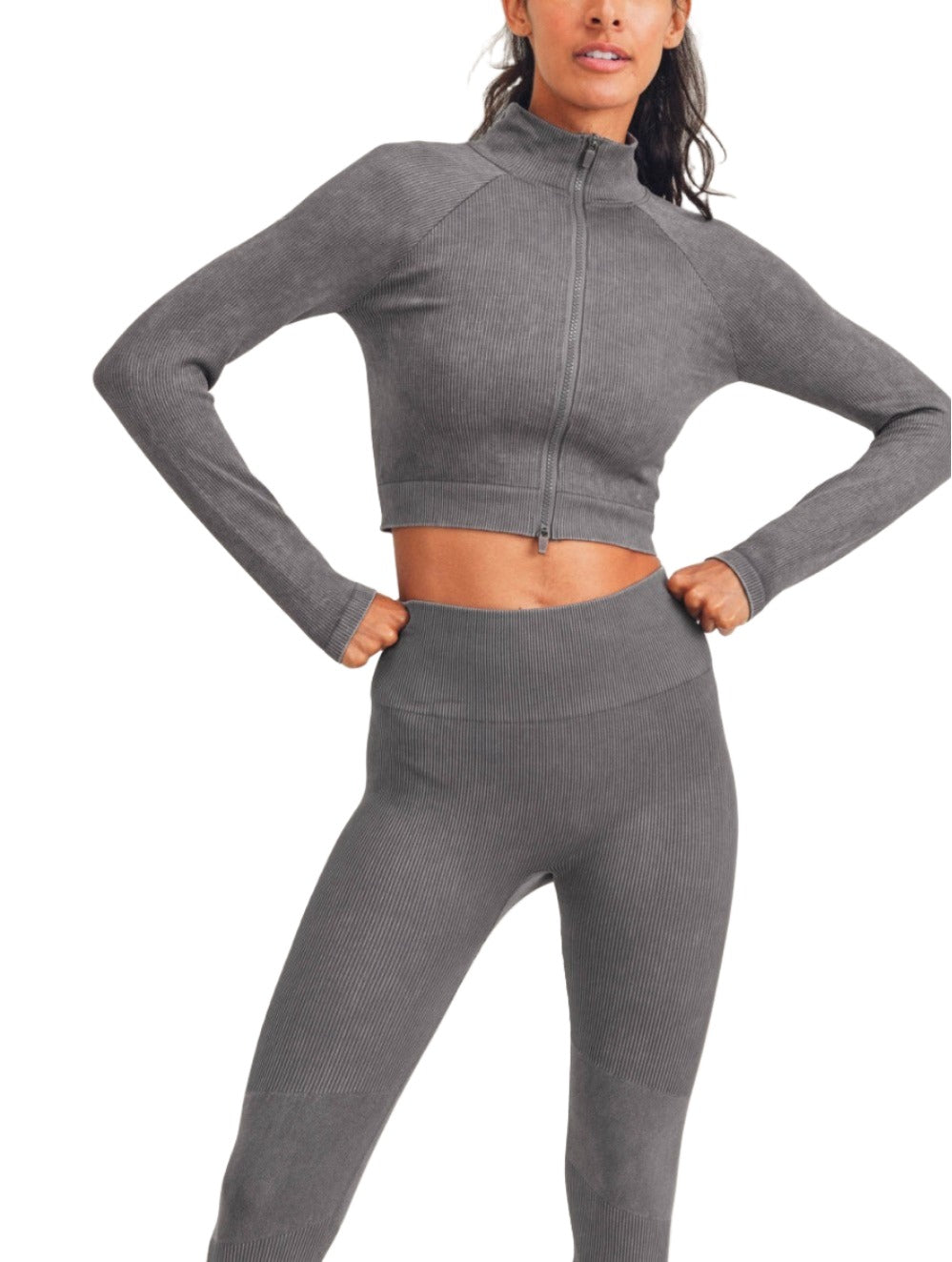 Mono B Cropped Raglan Ribbed Jacket AJ3032 - Grey - Front View