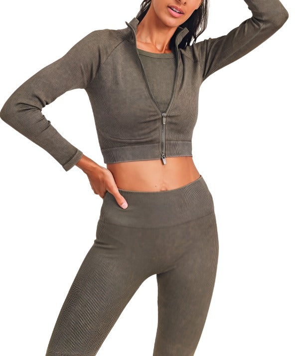 Mono B Cropped Raglan Ribbed Jacket AJ3032 - Olive - Front View