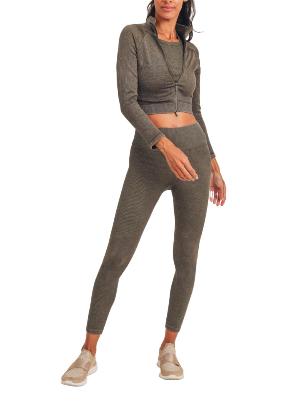 Mono B Cropped Raglan Ribbed Jacket AJ3032 - Olive - Front Full View