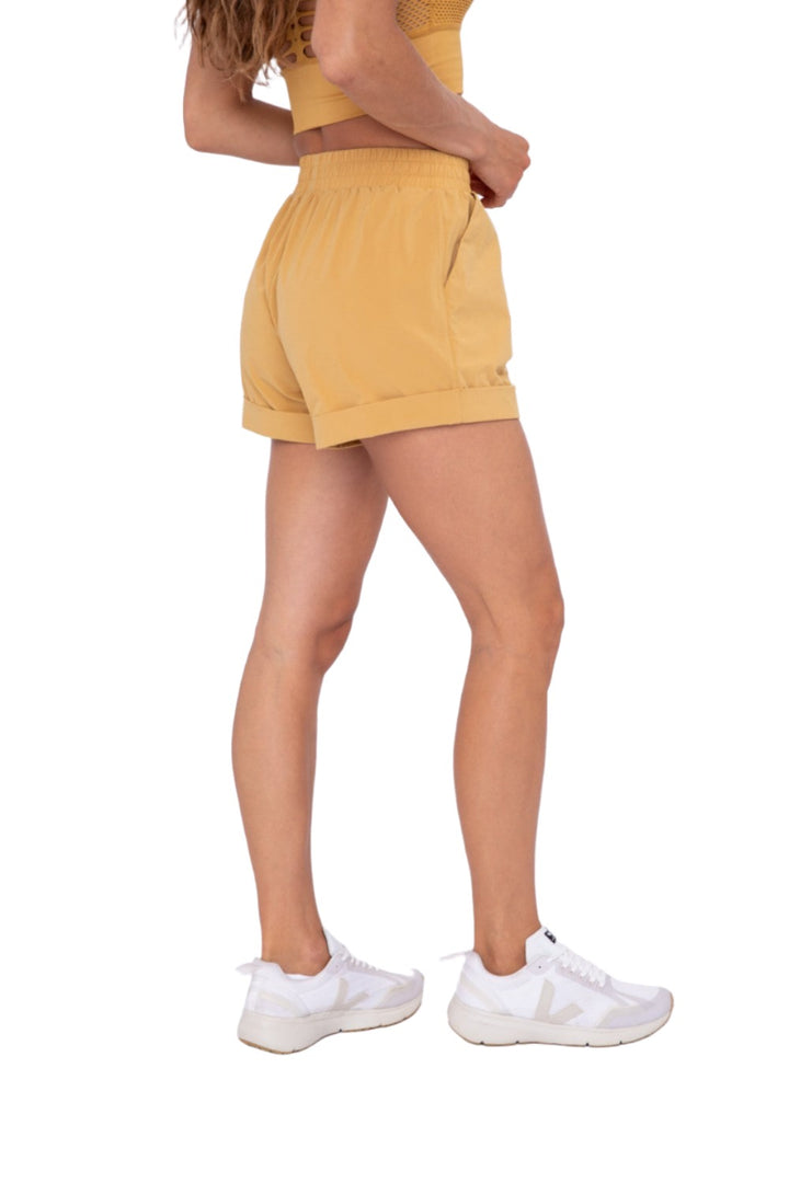 Mono B High Waist Cuffed Casual Shorts AP-A1230 - Mustard - Side View