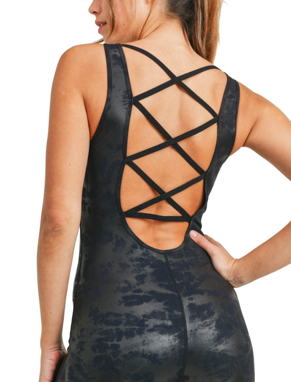 Mono B Overlay Metallic Foil Strappy Unitard - Black - rear alt view 1