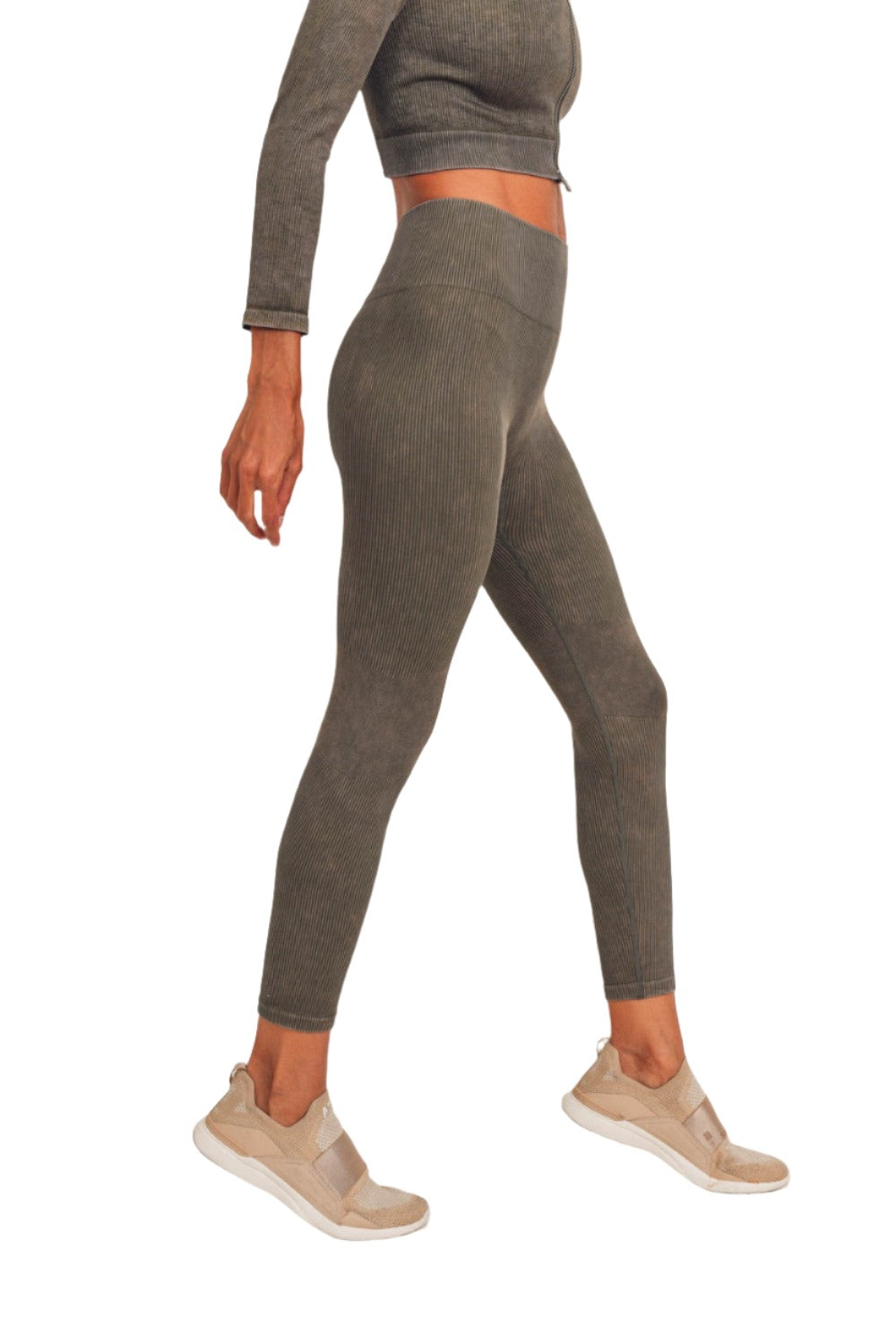 Mono B Ribbed Seamless Leggings APH3126 - Olive -  Side View
