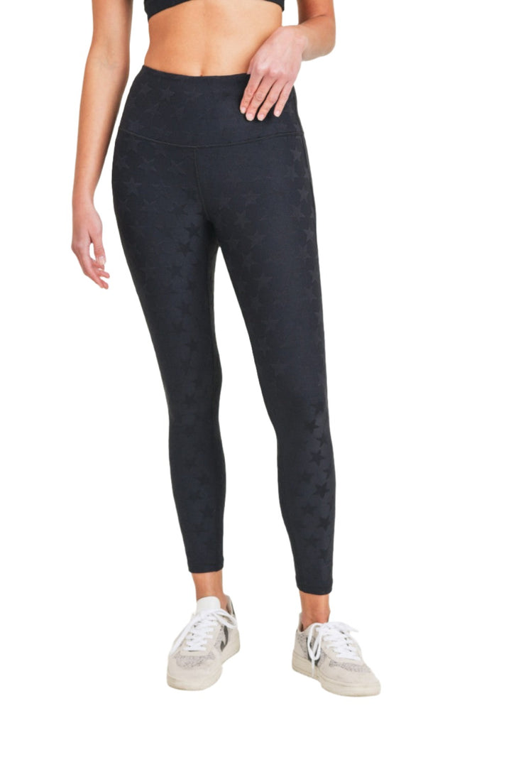 Mono B Textured Star Jacquard Highwaist Leggings Aph8076 - Black - Front View