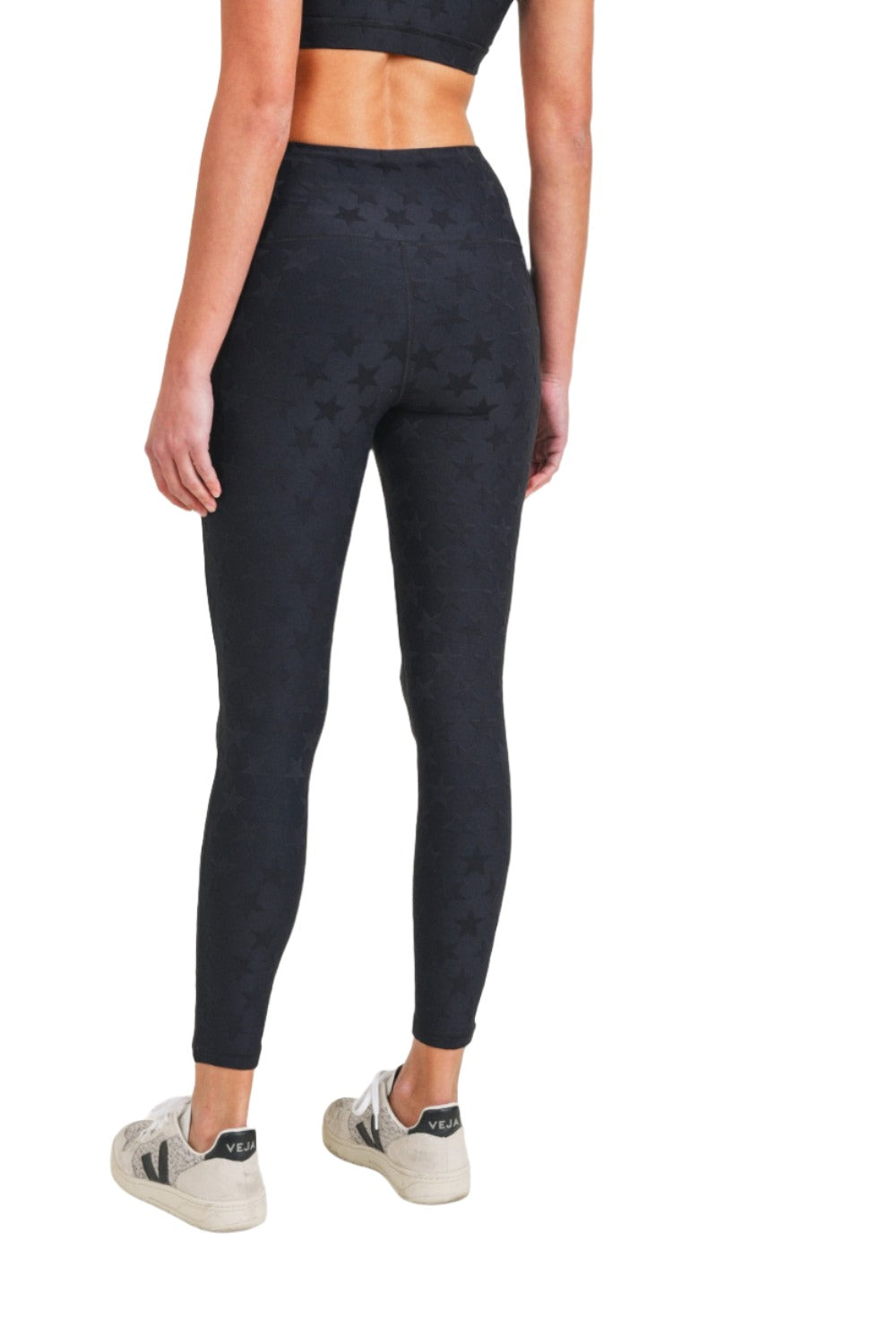 Mono B Textured Star Jacquard Highwaist Leggings Aph8076 - Black - Back View2