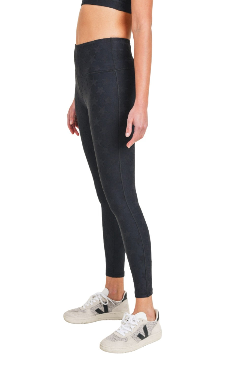 Mono B Textured Star Jacquard Highwaist Leggings Aph8076 - Black - Side View