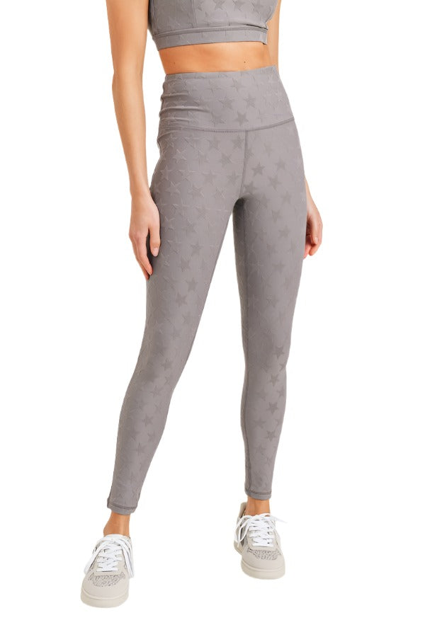 Mono B Textured Star Jacquard Highwaist Leggings Aph8076 - Grey - Front View