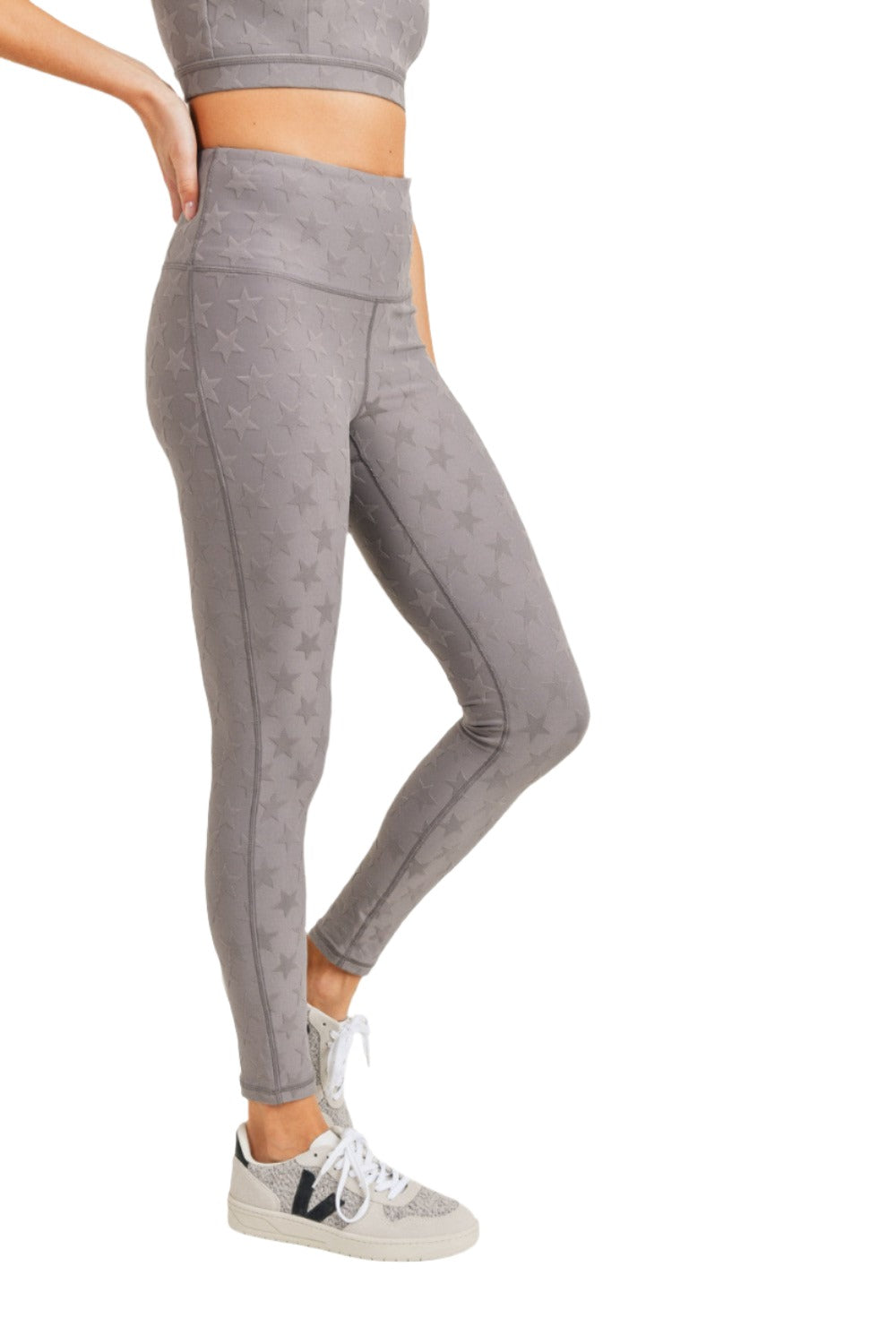 Mono B Textured Star Jacquard Highwaist Leggings Aph8076 - Grey - Side View