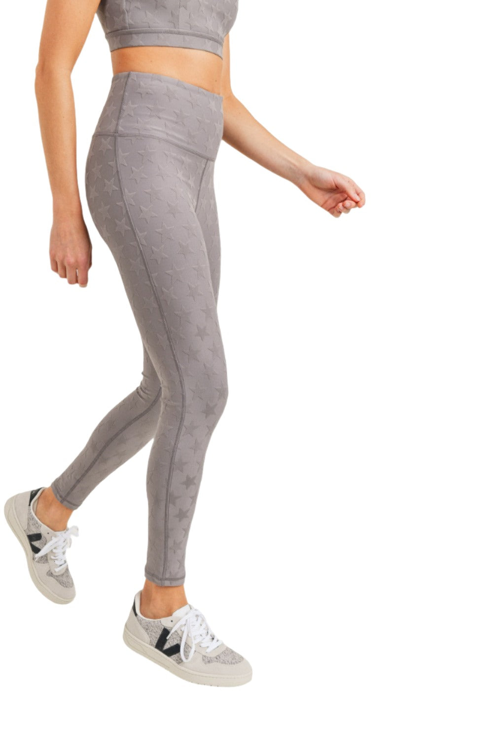 Mono B Textured Star Jacquard Highwaist Leggings Aph8076 - Grey - Side View