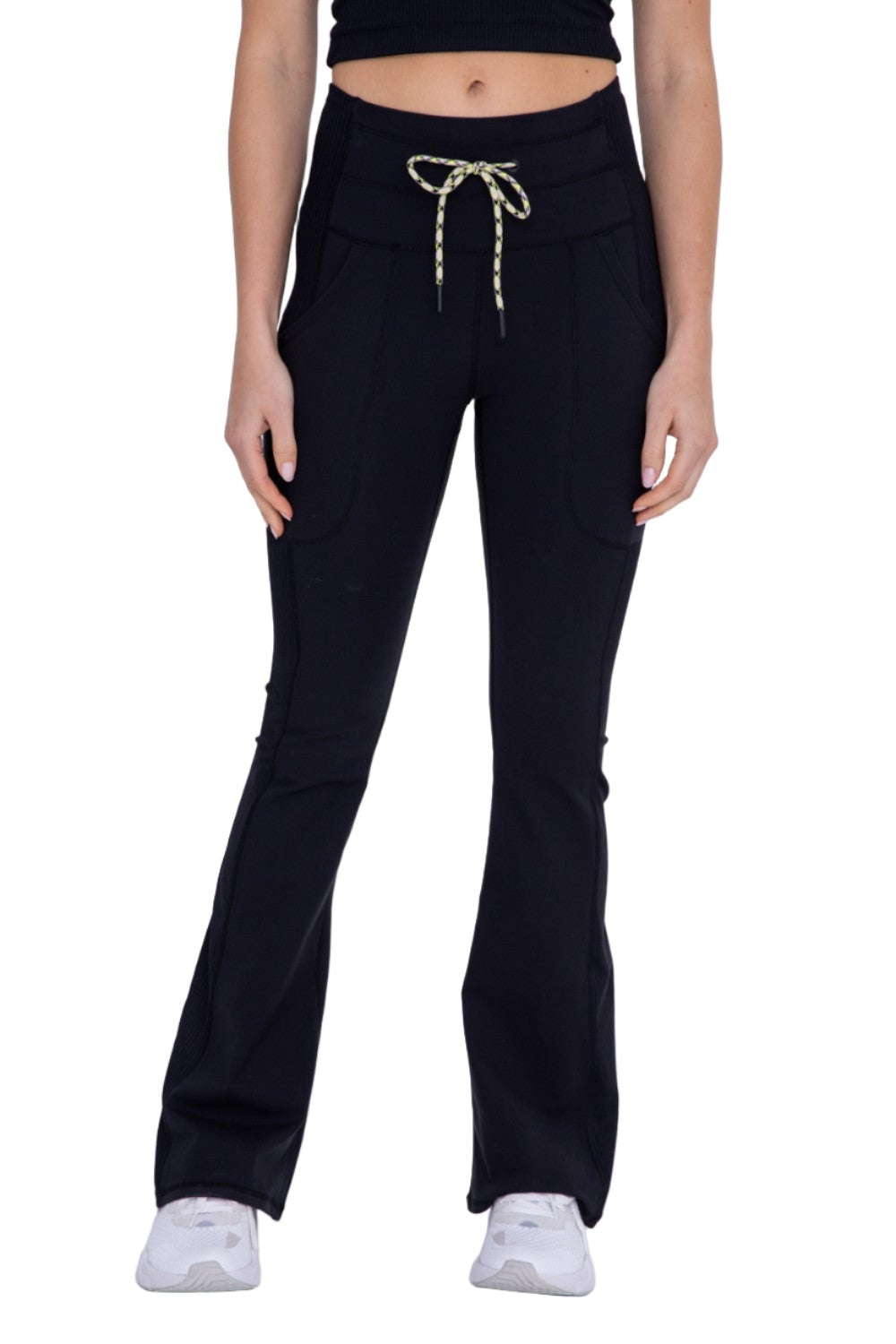 Mono B Drawstring Waist Flared Hiking Leggings APH8203 - Black - Front View