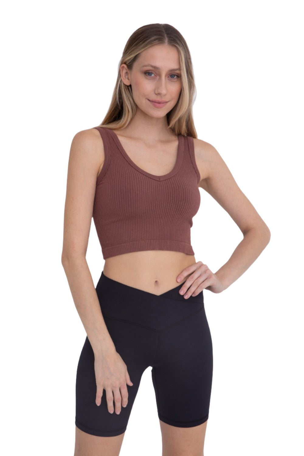 Mono B Seamless Crop Top AT-A08158 - Brown - Front View