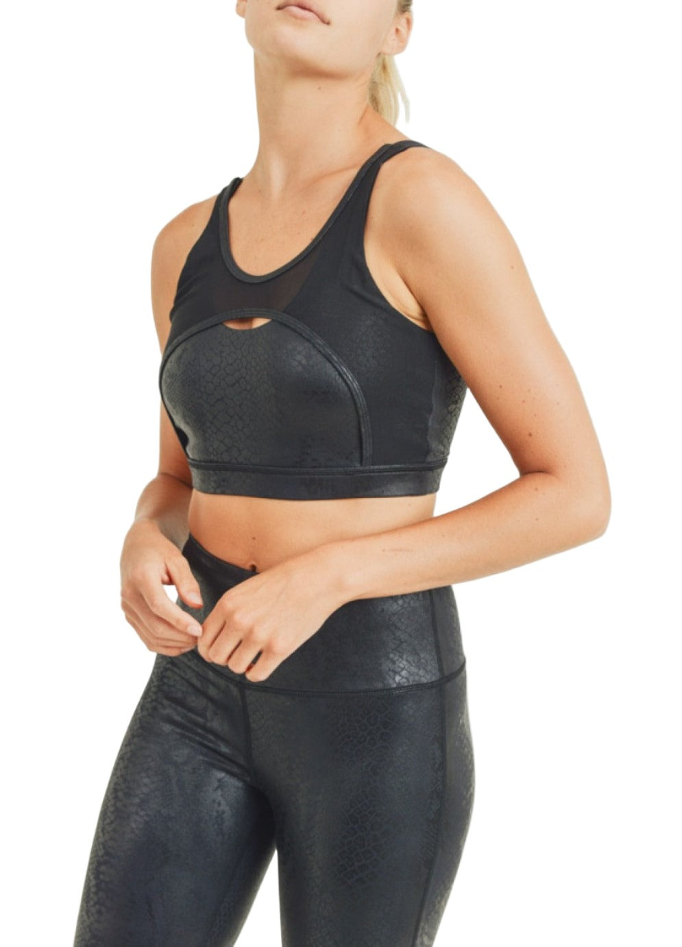 Mono B Glossy Shadow Snake Mesh Sports Bra AT2933 - Black - front alt view