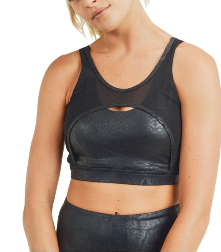 Mono B Glossy Shadow Snake Mesh Sports Bra AT2933 - Black - front view