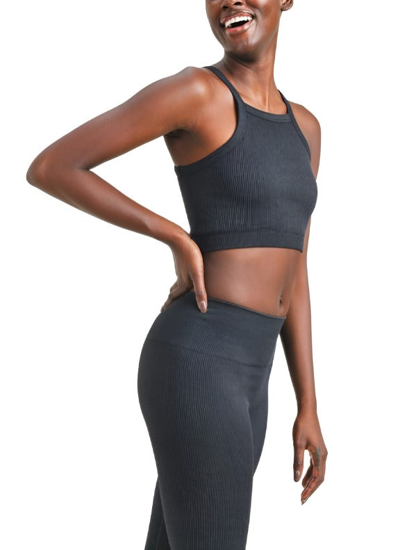 Mono B Square Ribbed Crop Top AT3031 - Black - Side View